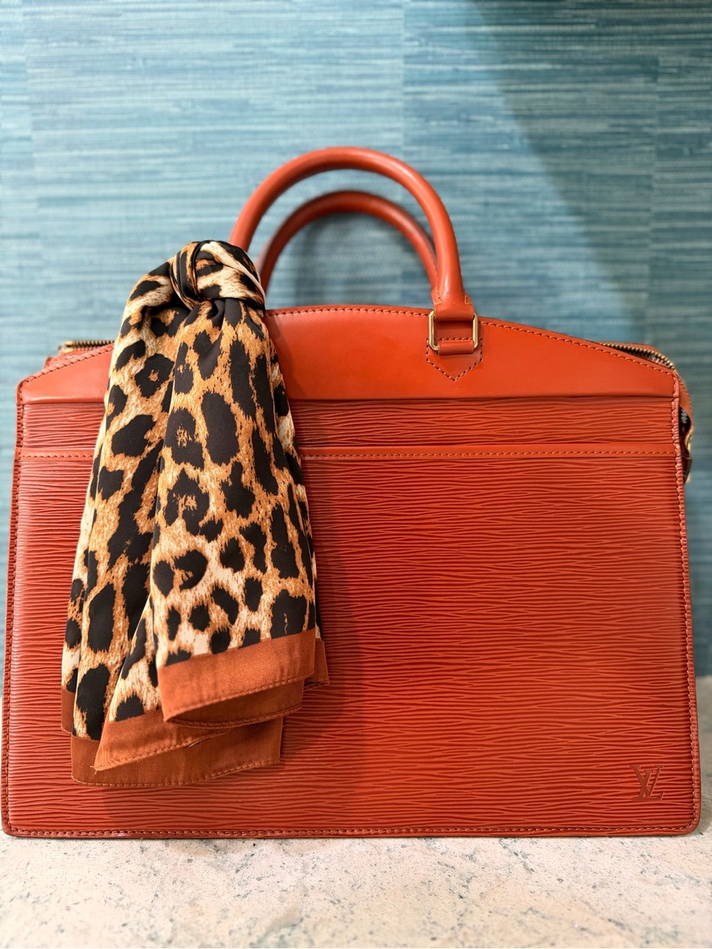 Louis Vuitton Orange Epi Leather Laptop Bag with Leopard Scarf -COA included